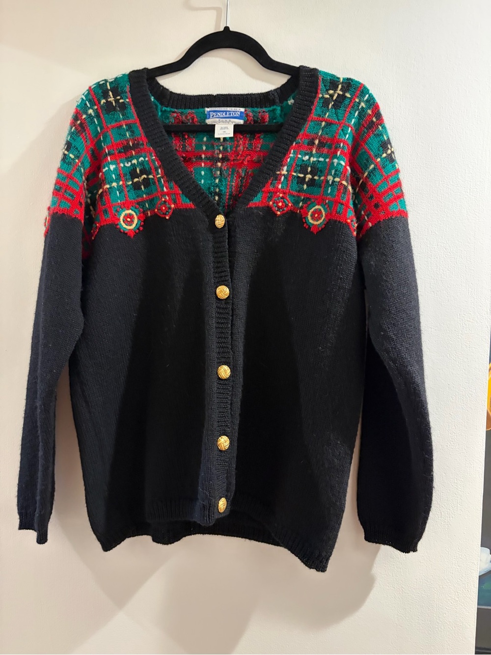 Pendleton Black Cardigan with Red & Green Fair Isle Yoke